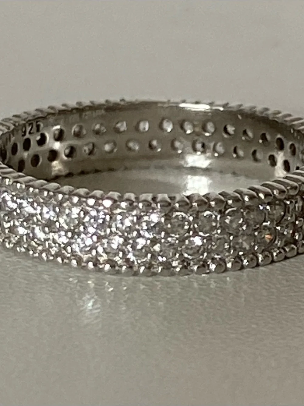925 Sterling Silver Pave CZ Eternity Band Ring Size 7.5 2 Rows 4 mm EUC worn 1X